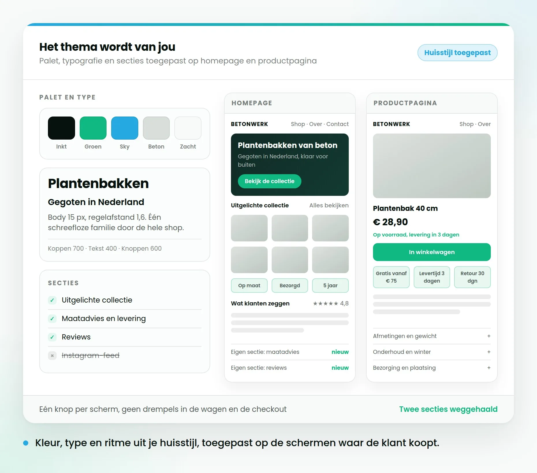 Kleurpalet en typografie links, en rechts een homepage en productpagina die in die huisstijl zijn ingericht.