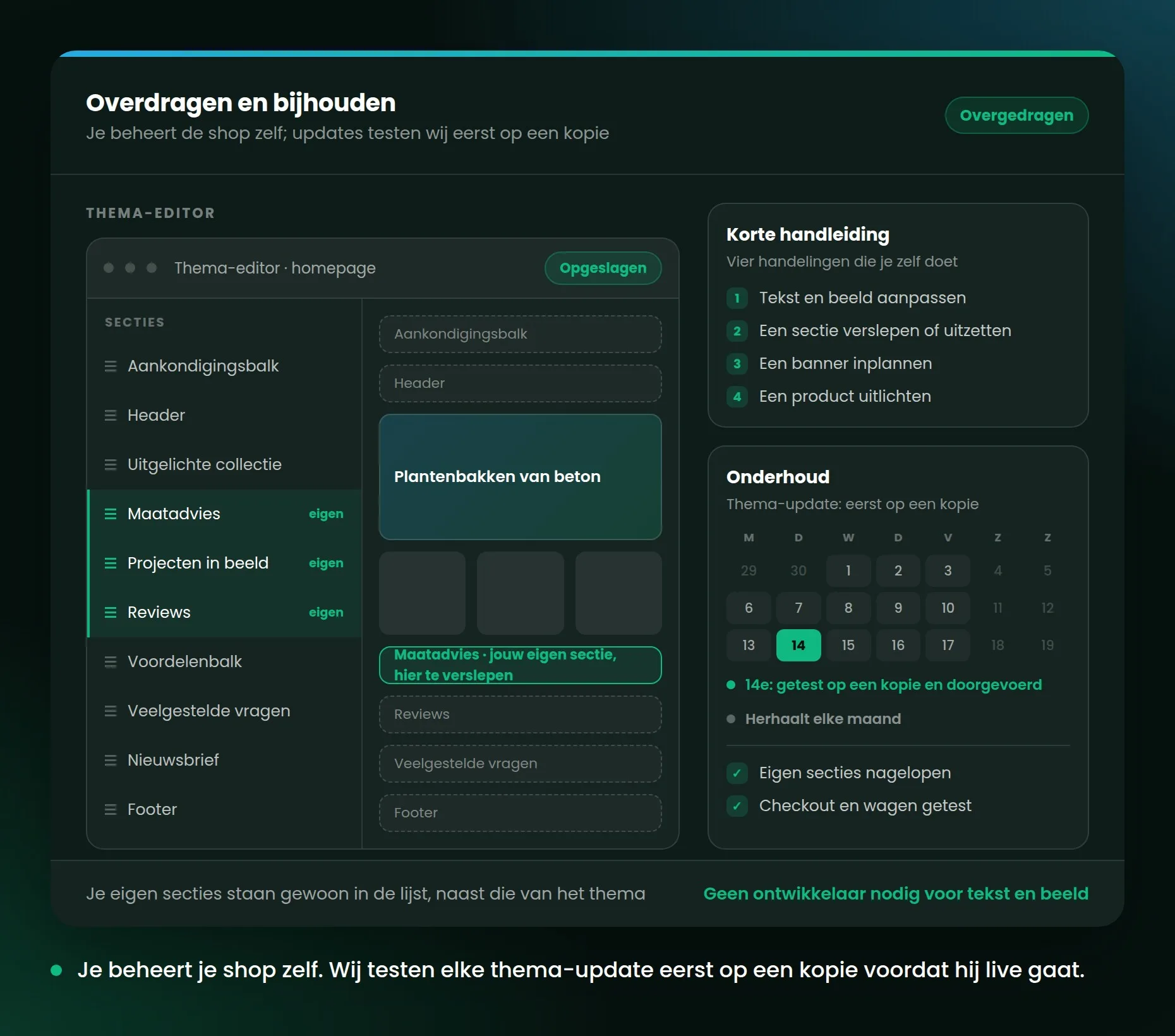Thema-editor met de eigen secties in de lijst, een korte handleiding ernaast en een kalender met de maandelijkse thema-update.