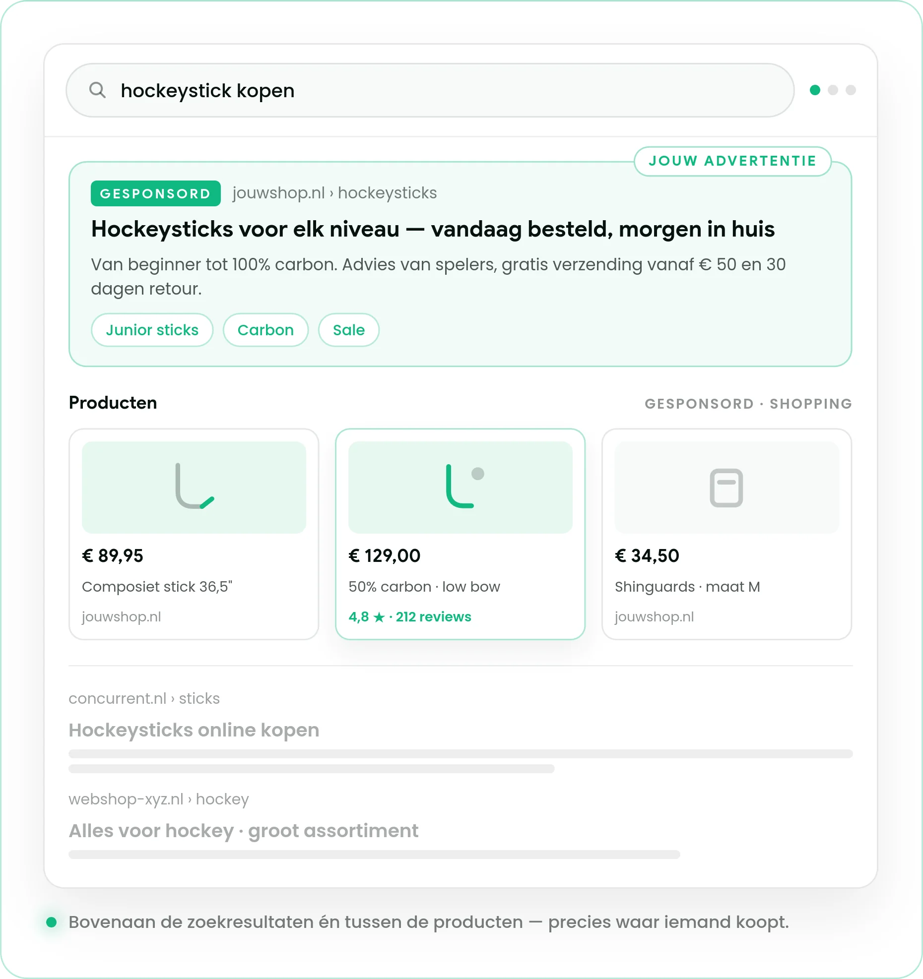 Google-zoekresultaat met bovenaan een gesponsorde advertentie en daaronder een Shopping-blok met producten en prijzen.