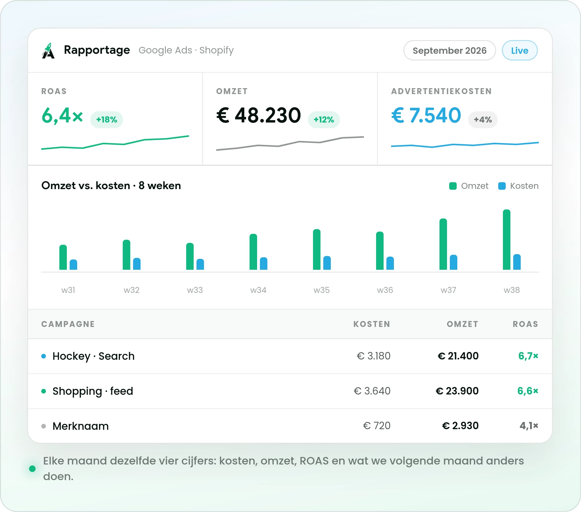 Rapportagedashboard met ROAS, omzet en advertentiekosten, plus een uitsplitsing per campagne.