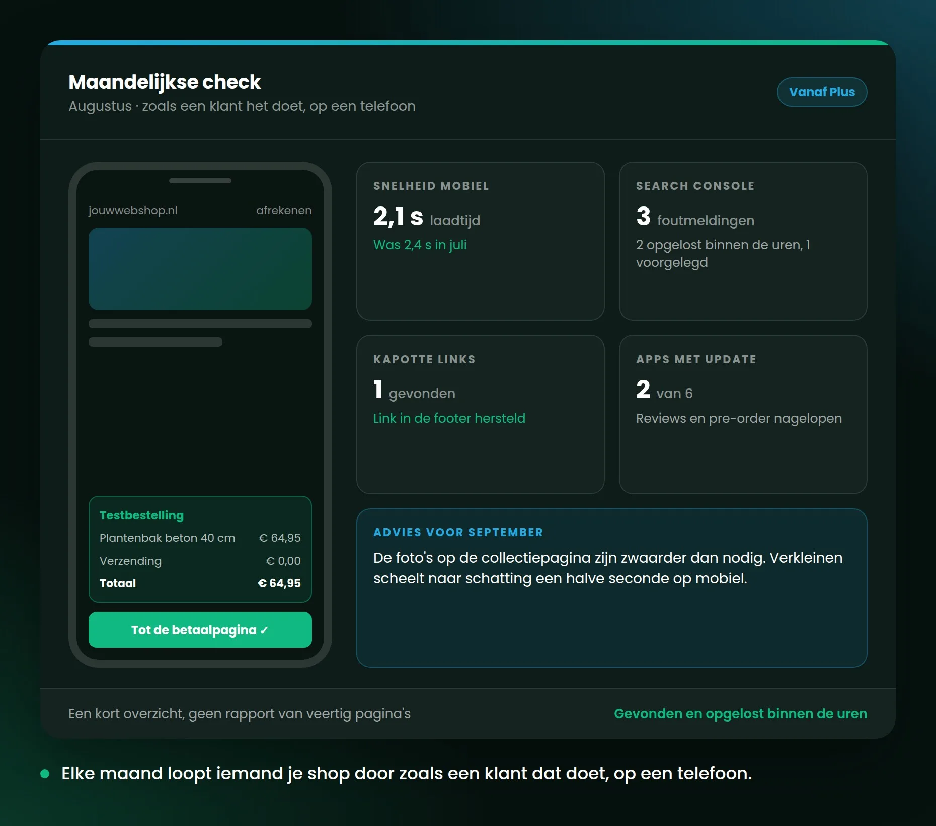 Maandelijkse check als korte rapportage met snelheid, foutmeldingen en een advies voor de komende maand.