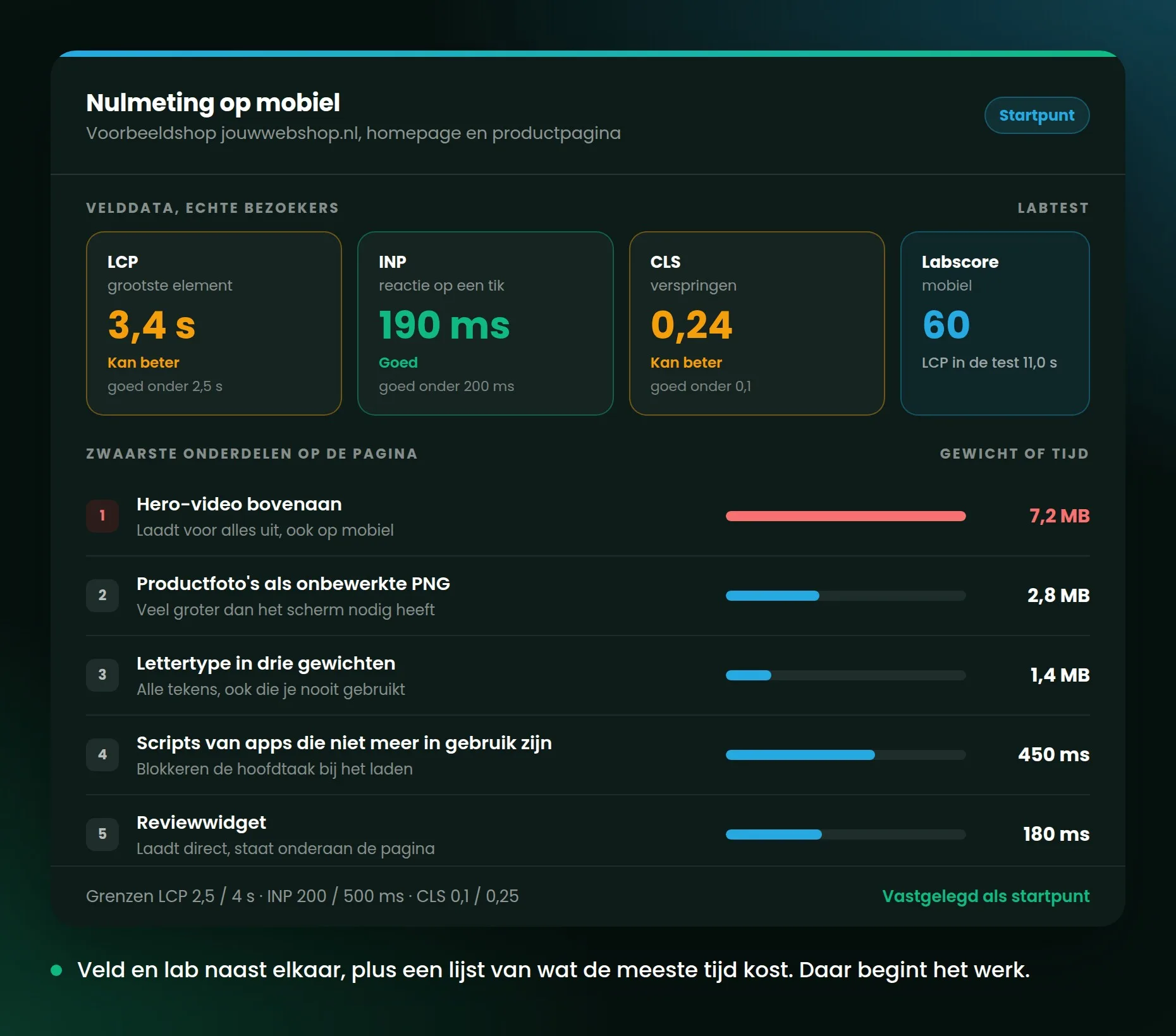 Nulmeting op mobiel met de drie Core Web Vitals, de labscore en een lijst van de zwaarste onderdelen van de pagina.